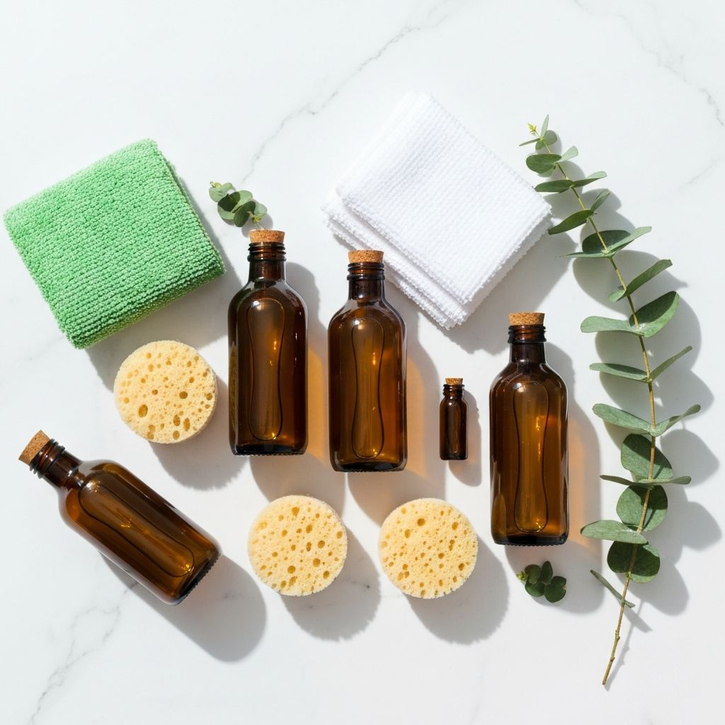 Eco-friendly cleaning products in amber glass bottles with natural sponges and microfiber cloths